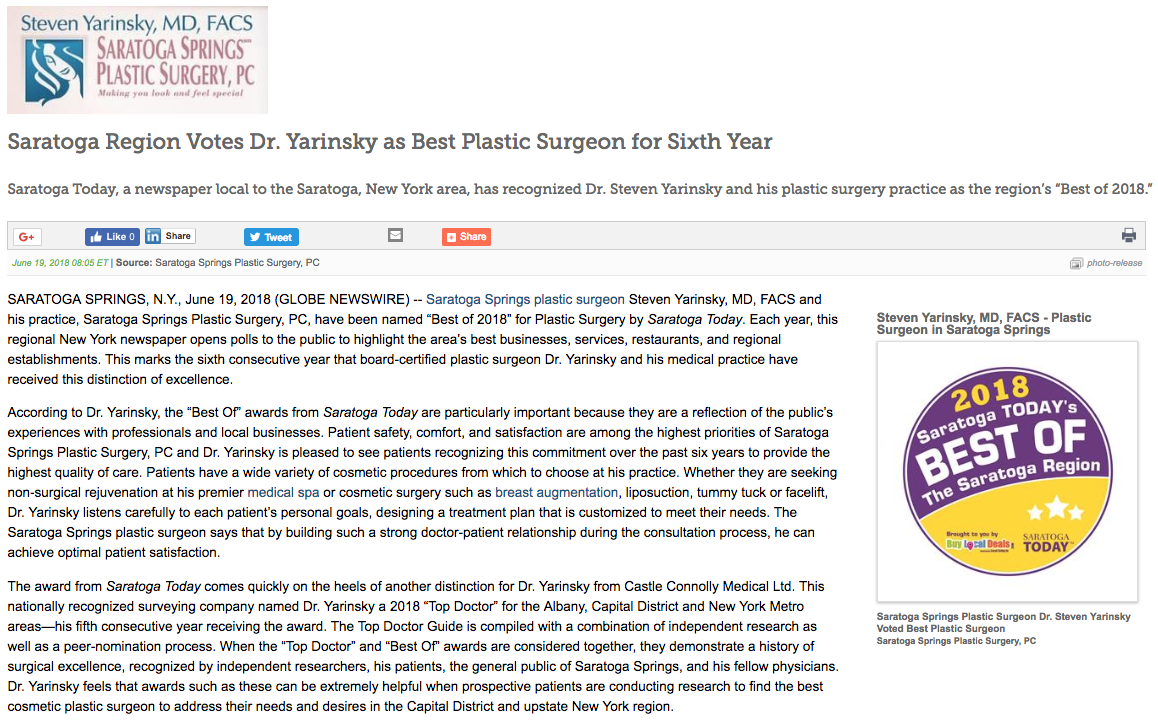 Saratoga Region Votes Dr. Yarinsky as Best Plastic Surgeon