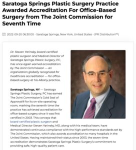 Saratoga Springs Plastic Surgeon Receives Accreditation by The Joint Commission